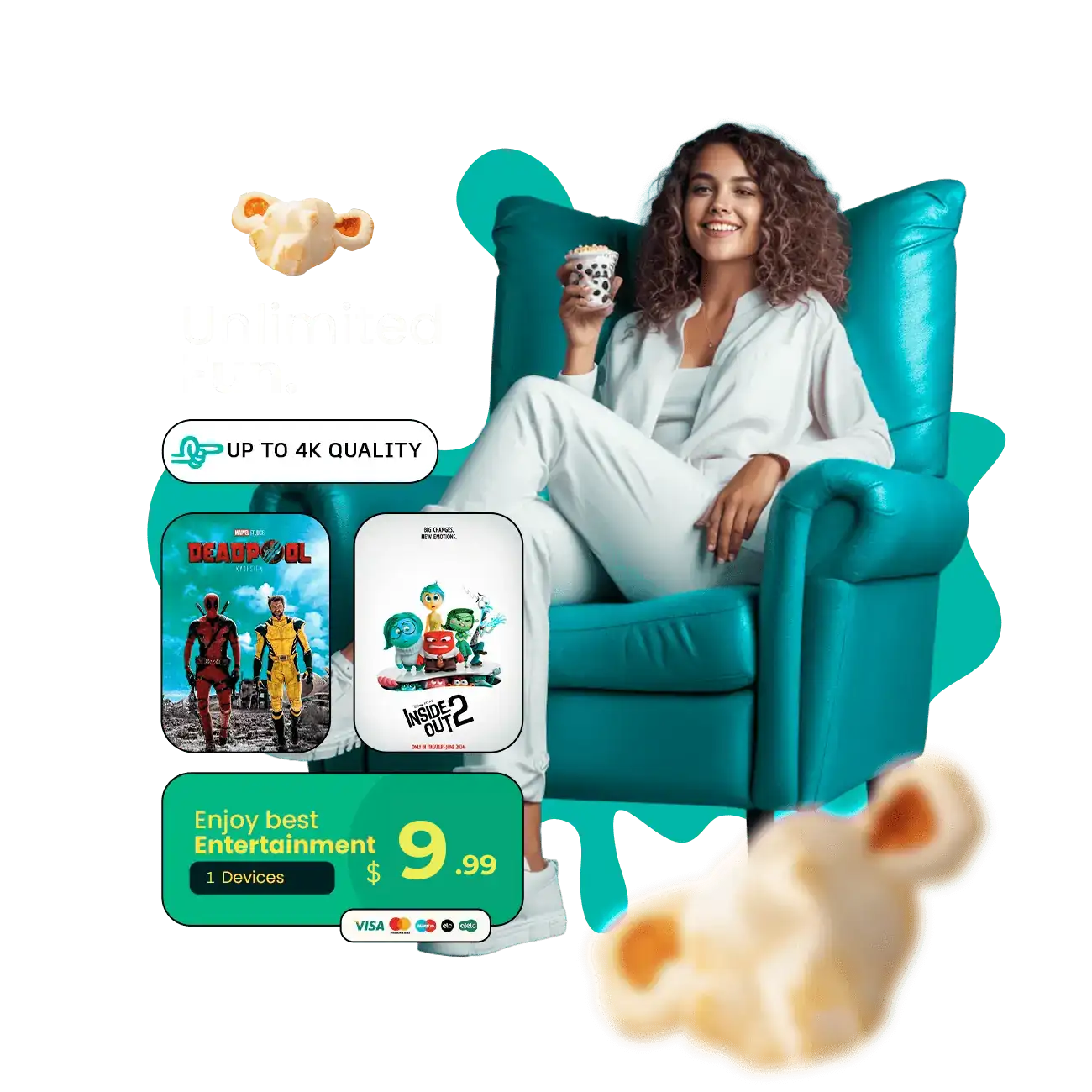 Woman relaxing on purple chair watching streaming service, with movie posters and pricing details